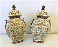 Wonderful Pair Porcelain Urns W/ Brass Trim