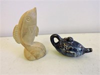 Small Stoneware Genie Bottle & Carved Fish