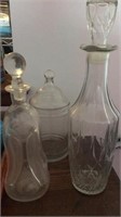 Pair of Vintage Decanter Bottles and Glass Jar