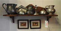 Pine country style wall shelf and Qty of Pewter