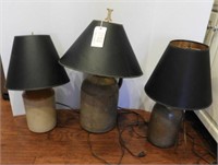 (3) Stoneware handled jugs converted to lamps