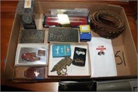 Two boxes of belt buckles JD,Airplane, Colt