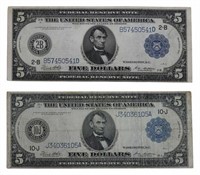 (2) U.S. FEDERAL RESERVE NOTES, 1914, $5 LINCOLN