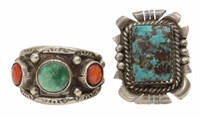 (2) NATIVE AMERICAN SILVER & TURQUOISE RINGS.