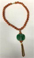 CORAL, GOLD & JADE NECKLACE, 18" LONG WITH 2" DROP