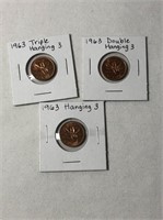 3 -1963 High Grade Hanging Canadian One Cent Coins