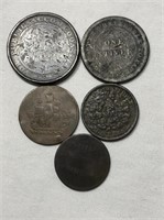 5 - 1800's Copper Token Coins
