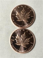 2 - 1 Oz. Copper Rounds - Maple Leaf Design
