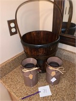 LARGE WOODEN BUCKET AND 2 CANS