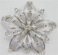 Sterling Silver and Crystal Filigree Brooch -