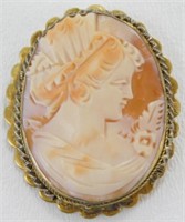 Antique Hand Carved and Tourmaline Cameo Pin with