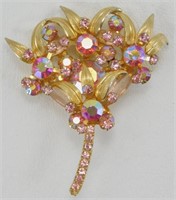 Vintage Costume Jewelry Goldtone Brooch - Pink