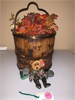 NICE WOODEN BUCKET WITH FLOWERS AND BEAR