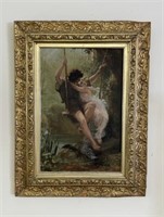 Oil on Canvas Painting of Man & Women Swinging