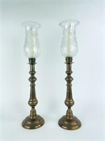 Impressive Brass Candlesticks w/  Etched Globes