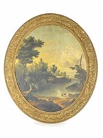 Oval Oil on Canvas Painting with Cows