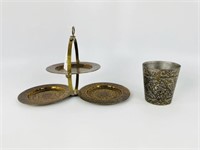 Asian Brass Serving Tray & Libation Beaker / Cup