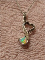 Sterling Silver Open Heart Diamond Accents Opal