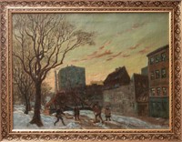 Illegibly Signed Winter Cityscape Oil on Canvas