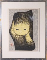 Kaoru Kawano "Girl & Butterfly" Woodblock Print