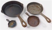 3 Vintage Cast Iron Pans & Cast Iron Farmer Décor