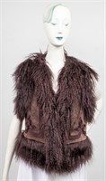 Brown Embroidered Suede And Lamb Fur Vest
