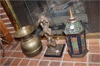 3pc Decor Lot; stainglass lamp, monkey statue,