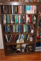 Shelf w/ contents; books, decor, 1886 Footsteps of