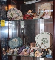 2 Shelf lot Collectibles, Shoes, plates, teapots
