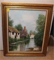 Signed Oil on canvas" Cottage By the River Scene"