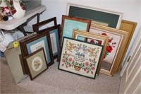 Picture Lot; needlepoint, oil on boards, mirror,