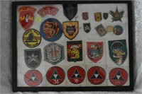 Flat of 24 Military Patches and Pins