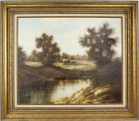 HANS RUNGE FARM BY THE RIVER PAINTING