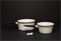 2 Enamelware Black and White Pots