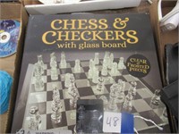 glass chess/checker board and pieces