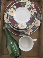 Gibson plate set w/ cup and glass bottle