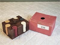 Antique Clay Poker Chips w/ Wood Block Rack