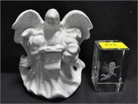 6" ANGEL FIGURINE AND CUPID IN ACRYLIC CUBE