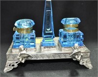 METAL DESK SET WITH 2 BLUE GLASS INKWELLS AND BLUE