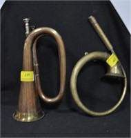 BRASS BUGLE AND ANTIQUE BRASS CAR HORN