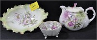 3 PORCELAIN DISHES: COVERED CREAMER, NUT DISH AND