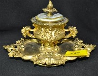 BRASS INK WELL WITH PAINTED PORCELAIN LID