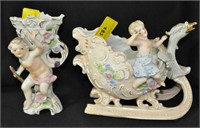 PORCELAIN CUPID W/SLEIGH PLANTER AND 6 1/2" VASE
