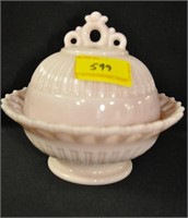 6 INCH PINK MILK GLASS COVERED CANDY COMPOTE