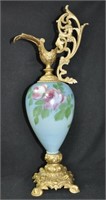 19 INCH PAINTED PORCELAIN AND SPELTER EWER - MARKE