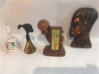 LOT OF BELLS, THERMOMETER, HEAD