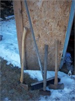 broom, axes, sledge hammer