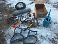 tools, concrete form, tire, horseshoes