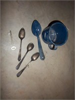 enamel ware cup and spoon, silver spoons