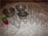 three Guardian Service casserole pots and glasses